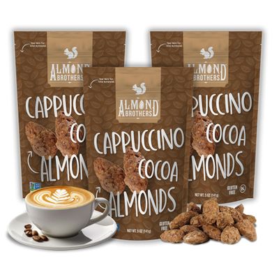 Almond Brothers Roasted Almonds - Pack of 3, 5 oz - Hand Crafted Cappuccino & Cocoa Almonds, Gluten-Free, Non-GMO