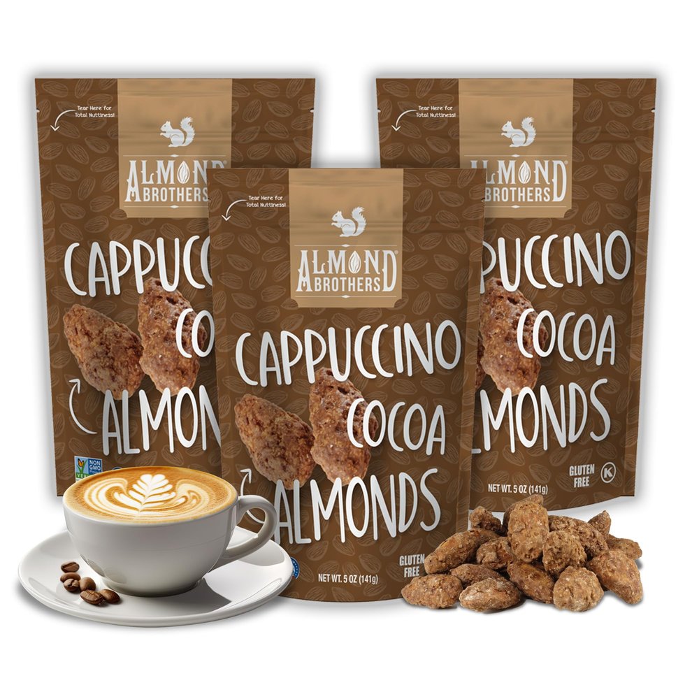 Almond Brothers Roasted Almonds - Pack of 3, 5 oz - Hand Crafted Cappuccino & Cocoa Almonds, Gluten-Free, Non-GMO