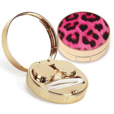 ofone Contact Lens Case, Leopard Pattern Contact Lenses Travel Cases with Remover Tool Tweezers Mirror Contacts Storage Box Kit for Women & Girls (Pink)