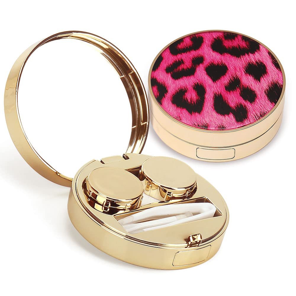 ofone Contact Lens Case, Leopard Pattern Contact Lenses Travel Cases with Remover Tool Tweezers Mirror Contacts Storage Box Kit for Women & Girls (Pink)