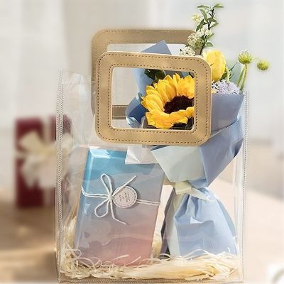 Rmannke Clear Gift Bag with Handle, 8 Pcs Transparent PVC Gift Bag, Heavy Duty Reusable Gift Wrap Bags for Bridal Party, Baby Shower, Wedding Favor, Shopping Bag Bulk- 7"x4"x8"