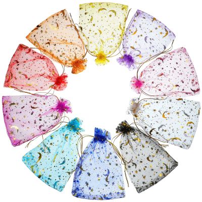Meanplan 200 Pcs Organza Bags 4 x 6 Inch Moon Stars Gift Bags Bulk Jewelry Candy Moon Star Drawstring Small Candy Mesh Pouches Jewelry Pouches for Halloween Christmas Wedding Birthday Party Favor