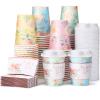 Remerry 100 Pcs 12oz Floral Disposable Coffee Cups with 100 Lids and 100 Sleeves Paper Insulated Drink Hot Coffee Paper Cups with Dome Lids and Sleeves for Parties Wedding Baby Shower(Fresh) view 1