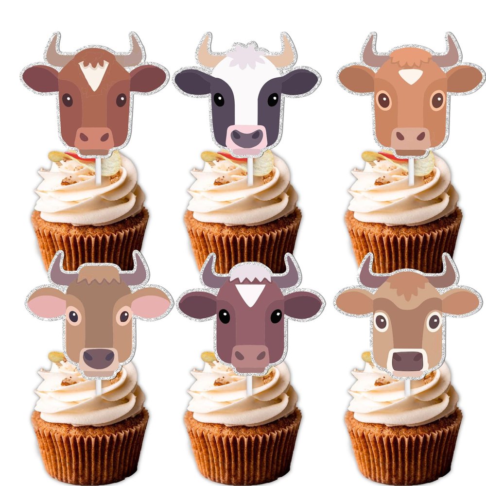 18pcs Glitter Dessert Cupcake Topper Cow Country Western Bull Riding Bull Rider Competition Theme Decor Supplies Man Boy Girl Happy Birthday Party Decorations