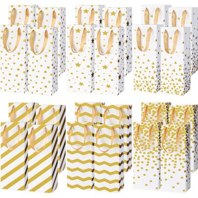 24 Pcs Christmas Wine Gift Bag for Wine Bottles with Handle, Reusable Gold Foil Bags Champagne Gift Bags Bulk Single Bottle Paper Tote for Christmas Thanksgiving Anniversary Wedding, 6 Designs