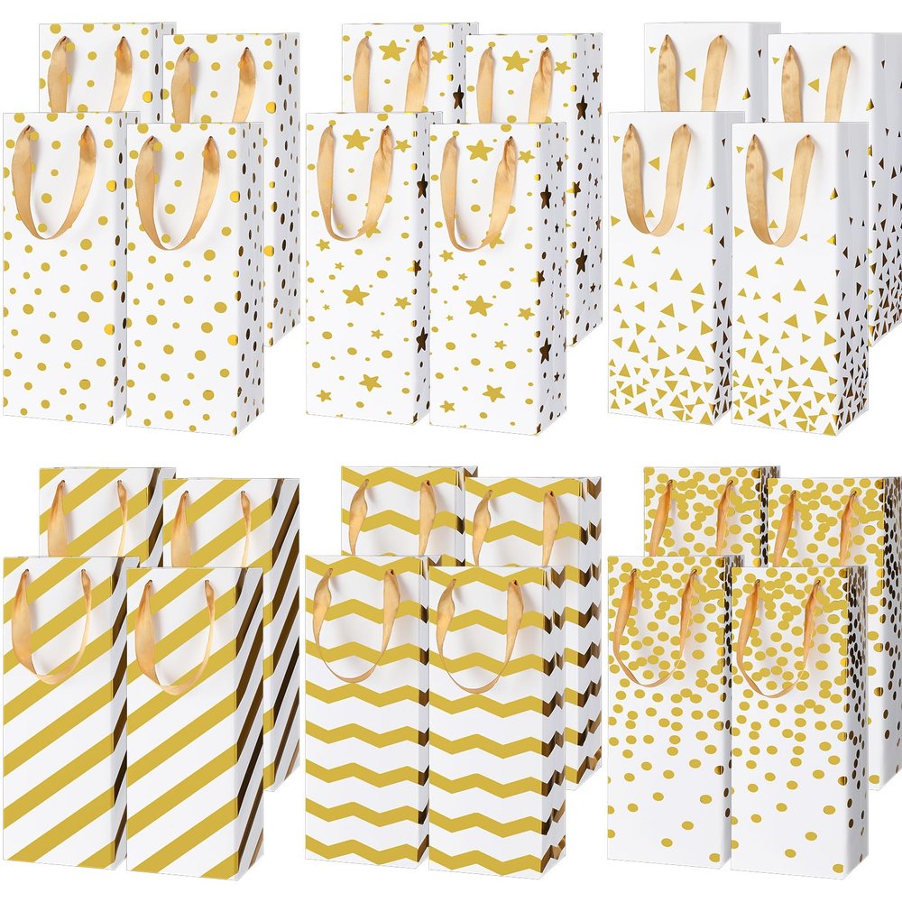 24 Pcs Christmas Wine Gift Bag for Wine Bottles with Handle, Reusable Gold Foil Bags Champagne Gift Bags Bulk Single Bottle Paper Tote for Christmas Thanksgiving Anniversary Wedding, 6 Designs