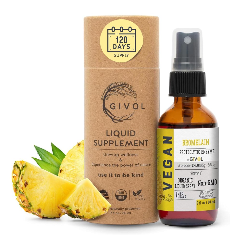 GIVOL Organic Raw Bromelain Mist-Liquid Pineapple Extract - Enhanced Potency 500mg, for Kids & Adults - Non-GMO - 60ml 120 Day Supply