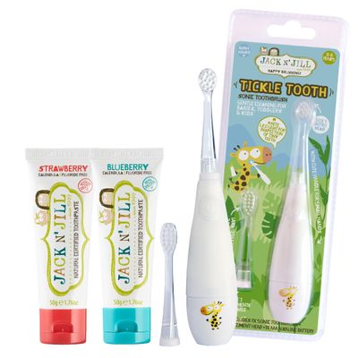 Jack N' Jill Tickle Tooth Toddler Toothbrush & Toothpaste Set - Baby Electric Toothbrush, Natural Toothpaste for Kids, Made for Tiny Teeth, Organic Fruit Flavor (Strawberry & Blueberry)