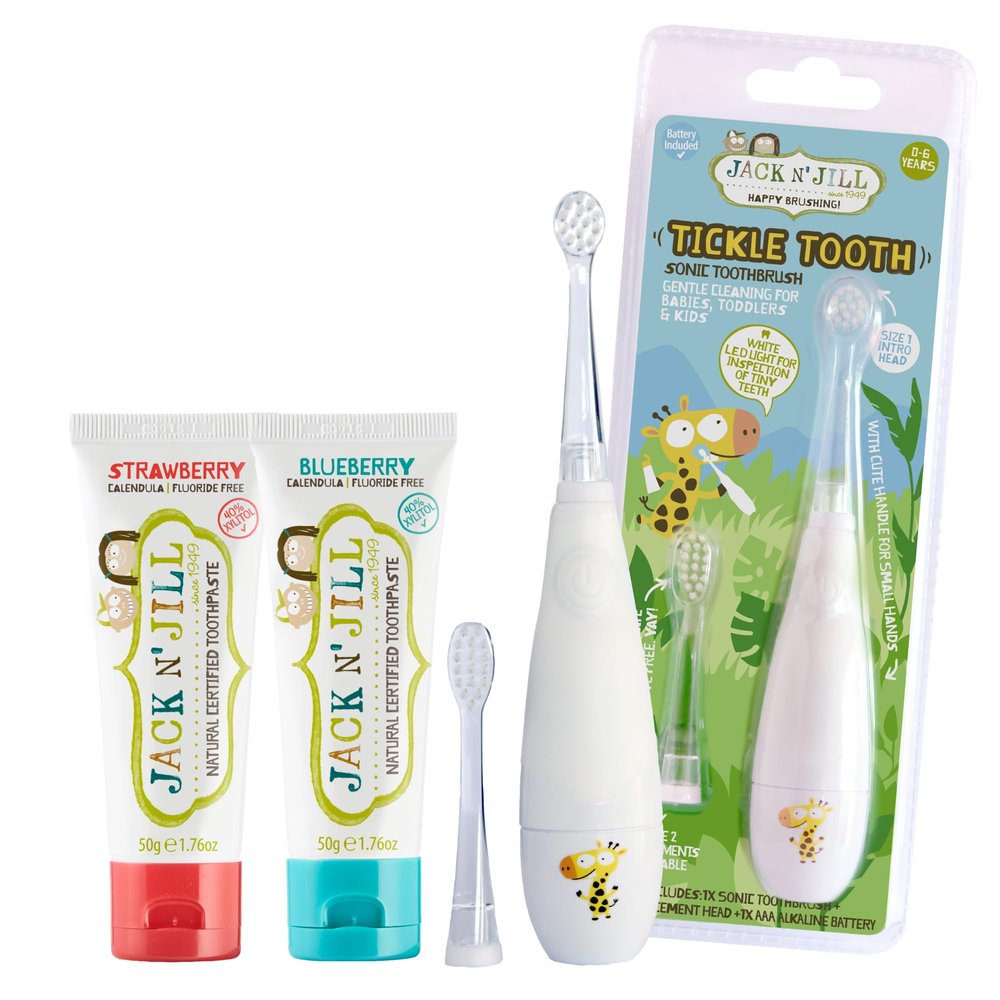 Jack N' Jill Tickle Tooth Toddler Toothbrush & Toothpaste Set - Baby Electric Toothbrush, Natural Toothpaste for Kids, Made for Tiny Teeth, Organic Fruit Flavor (Strawberry & Blueberry)