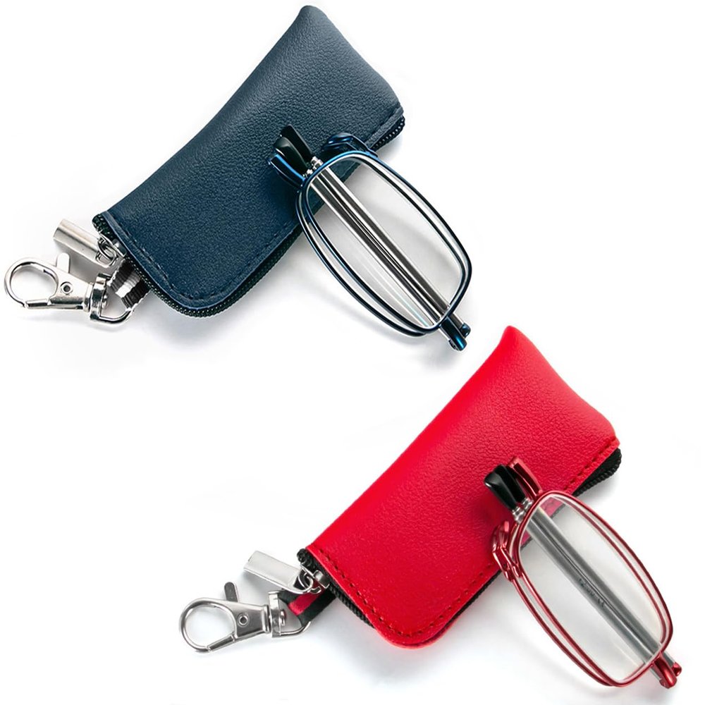 2 Pack Folding Reading Glasses for Men Women with Keychain Compact Bags Blue Light Blocking Portable Pocket Computer Readers,Blue and Red 3.0