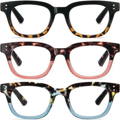 REAVEE 3 Pack Retro Oversized Reading Glasses for Women Blue Light Blocking Cute Stylish Large Frame Square Computer Readers Eye Protection with Spring Hinge,Yellow Pink Blue,3.5