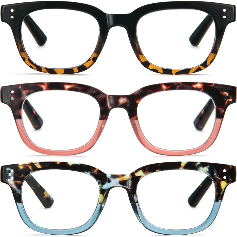 REAVEE 3 Pack Retro Oversized Reading Glasses for Women Blue Light Blocking Cute Stylish Large Frame Square Computer Readers Eye Protection with Spring Hinge,Yellow Pink Blue,3.5