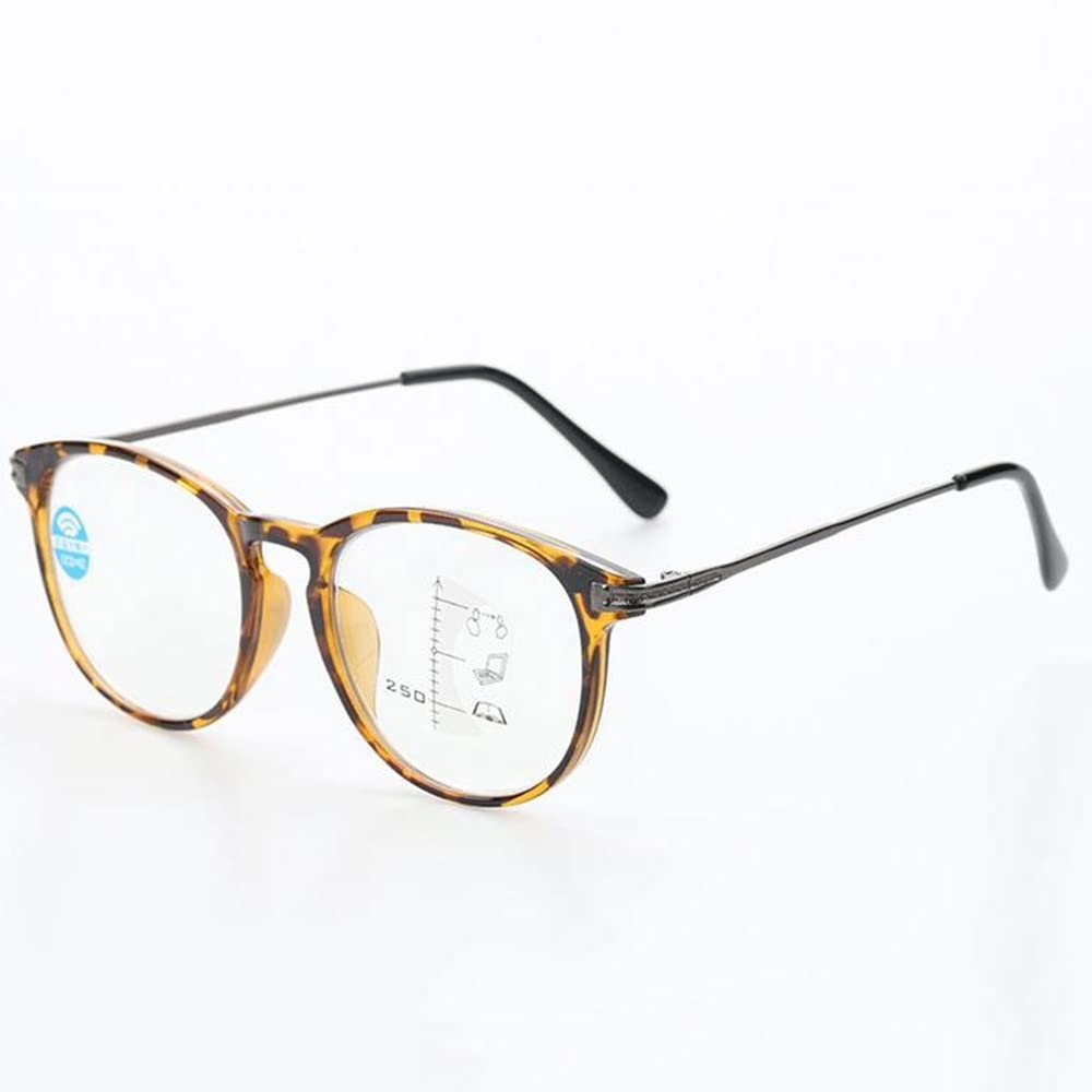 LKP Retro Reading Glasses Round Progressive Multifocus Glasses Anti Eyestrain Blue Light Computer Eyeglasses Tortoise (+2.5)(B,+2.00)