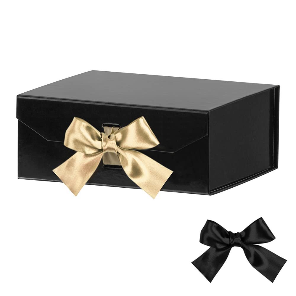 GoooodGift Black Gift Box 8x7x3.3 Inches, Luxury Gift Box with Ribbon, Empty Box with Lid Magnetic Closure, Groomsman Box, Collapsible Small Gift Boxes for Presents Packaging, Wedding (Glossy Black)