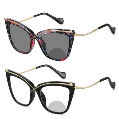 2pcs Transition Photochromic oversized Bifocal Cat Eye Reading Glasses For Women adjustable Vision Sunglasses Reader (2PCS-BLACK&FLOWER, 1.75, multiplier_x)