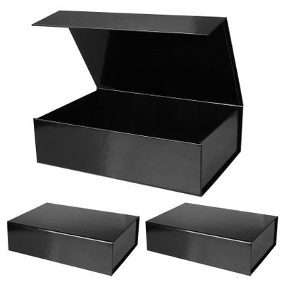 Aimyoo 3 Pack Black Collapsible Gift Box with Magnetic Closure Lids 10.5x7x3 in, Bridesmaid Groomsmen Proposal Box, Medium Rectangle Box for Present Graduation Wedding Storage