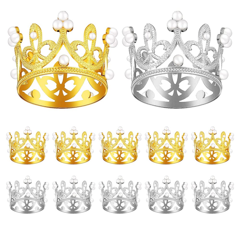 12 Pcs Crown Cake Topper, Mini Crown Queen Princess Headpiece Cake Decoration for Wedding Royal Themed Baby Shower Decorations Birthday Party Gold + Silver