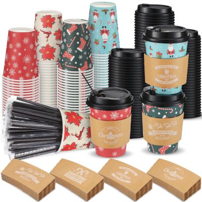 Remerry 100 Sets 400 Pcs 12 oz Christmas Disposable Coffee Cups with Lid, Straws and Sleeves Snowflake Reindeer Snowman Paper Cups Xmas Party Supplies for Hot Drink Cold Beverage(Bright Style)