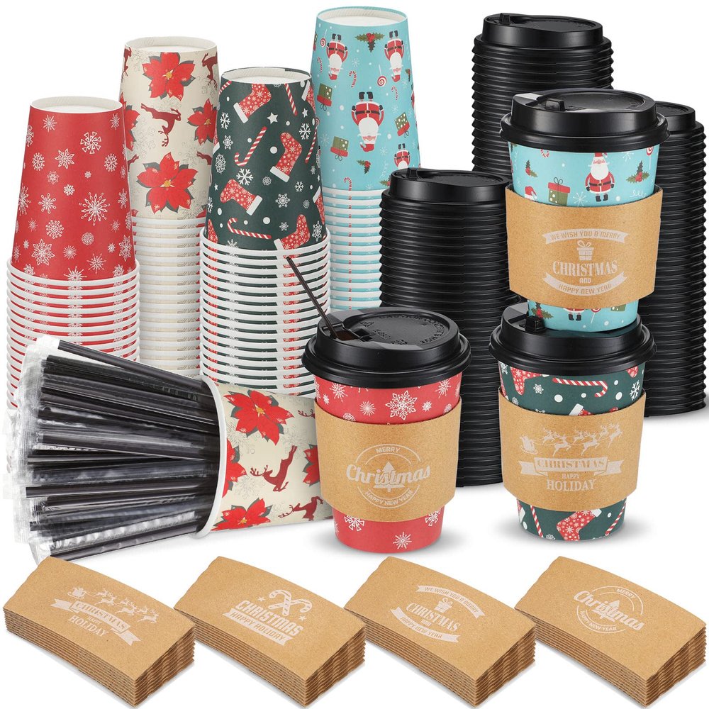 Remerry 100 Sets 400 Pcs 12 oz Christmas Disposable Coffee Cups with Lid, Straws and Sleeves Snowflake Reindeer Snowman Paper Cups Xmas Party Supplies for Hot Drink Cold Beverage(Bright Style)