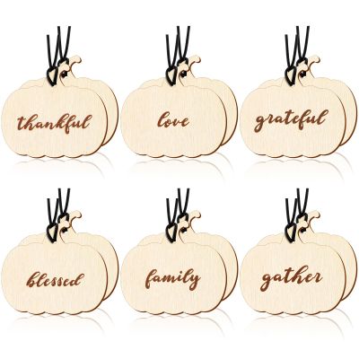 12 Pcs Thanksgiving Gift Tag with Rope Wooden Pumpkin Present Decorative Tags Grateful Blessed Hanging Label Napkin Rings for Fall Thanksgiving Party Favor