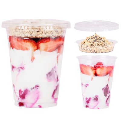 16 oz Clear Plastic Parfait Cups with Insert 4oz & Flat Lids No Hole - (50 Sets) Yogurt Fruit Parfait Cups for Kids, for Dips and Veggies, Take Away Breakfast and Snacks. No Leaking