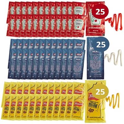 25 Ketchup, 25 Mustard & 25 Mayo Packets - 75 Total Condiment Packs (approximately 25 packets each)
