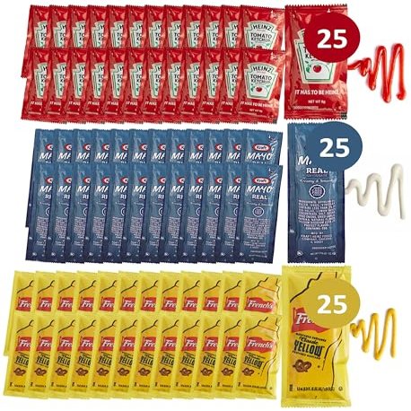 25 Ketchup, 25 Mustard & 25 Mayo Packets - 75 Total Condiment Packs (approximately 25 packets each)