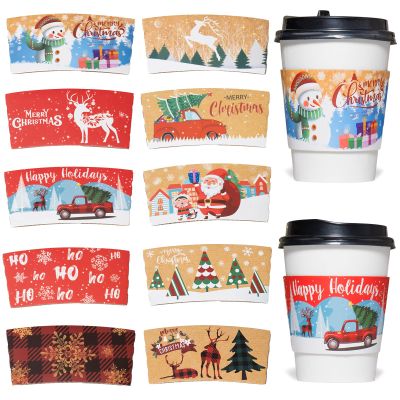 Smarimple Christmas Coffee Cup Sleeves Disposable Hot Chocolate Cocoa Paper Cup Sleeve 60 Pack Double-Layer Corrugated Insulated Paper Jacket for 12oz to 20oz, 10 Designs