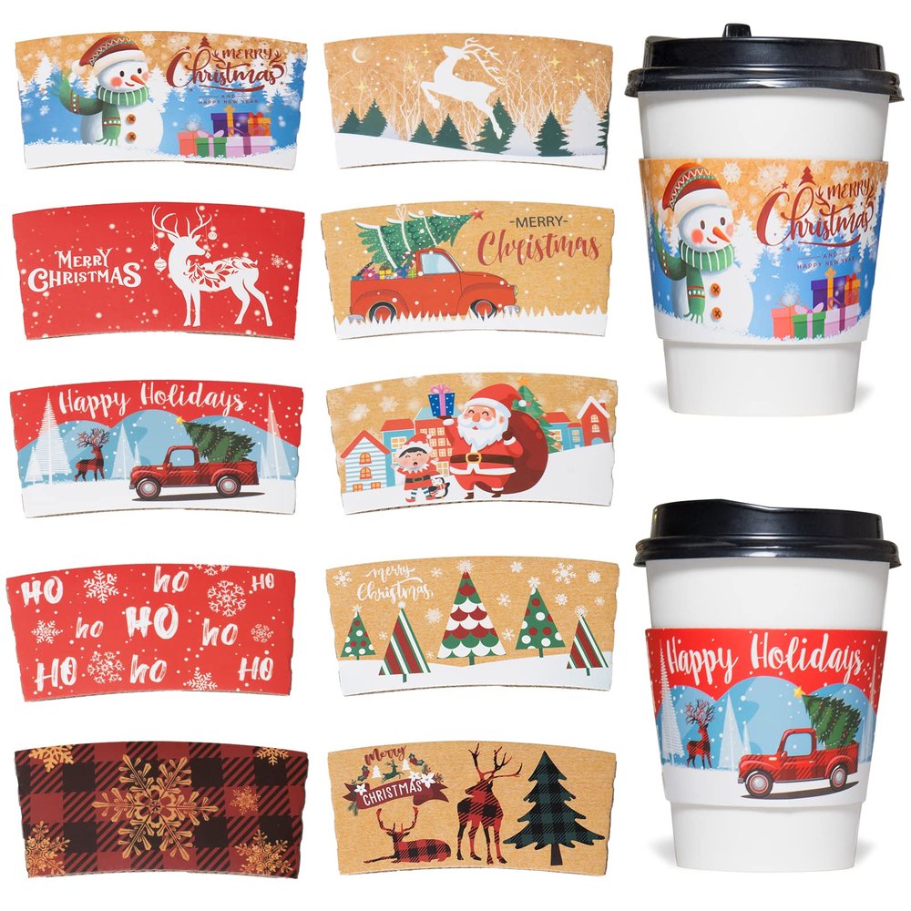 Smarimple Christmas Coffee Cup Sleeves Disposable Hot Chocolate Cocoa Paper Cup Sleeve 60 Pack Double-Layer Corrugated Insulated Paper Jacket for 12oz to 20oz, 10 Designs