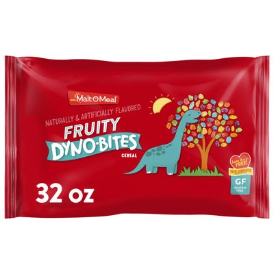 Malt-O-Meal Fruity Dyno Bites Cereal, Gluten Free Breakfast Cereal with Fruity Flavor, Large Cereal for Family, 32 OZ Resealable Cereal Bag