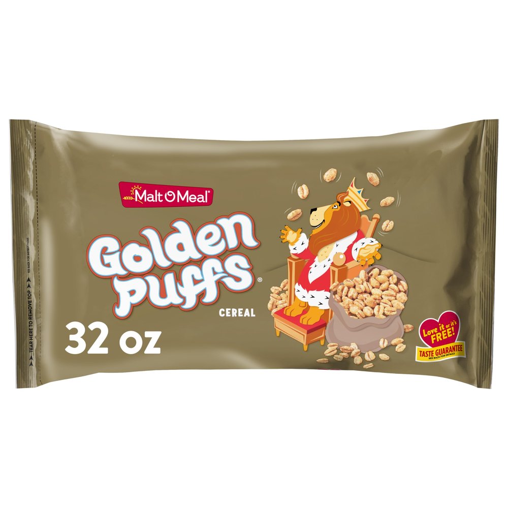 Malt-O-Meal Golden Puffs Sweetened Puffed Wheat Breakfast Cereal, Bulk Family Size, 32 oz Resealable Bag