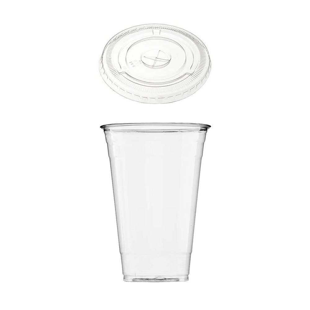 DHG PROFESSIONAL Disposable 24 oz Plastic Crystal Clear Cups with Flat Lids - For Summary Beverage, Party, to-go (100 Cups with Lids)