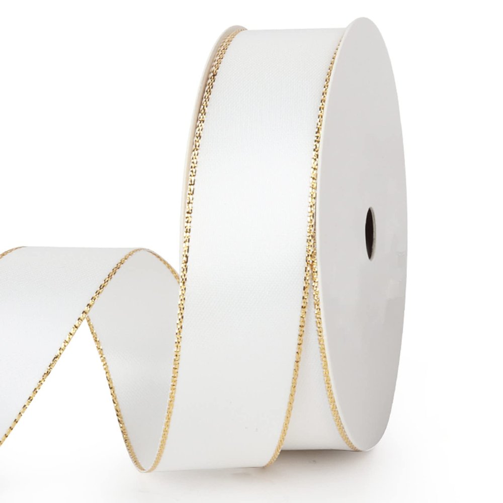 VIVIQUEN White Double Faced Satin Ribbon with Gold Edge, 1 Polyester Continuous Ribbon -25 Yards,Wide Ribbon for Gift Wrapping,Wedding,Bows Bouquet,Floral Arrangement and Craft