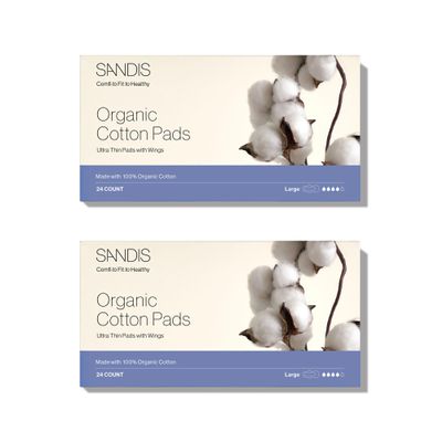 SANDIS Feminine Pad for Women - Large 48 Count 100% Organic Cotton Ultra Thin with Wings for Periods Menstrual Pads Sanitary Napkins Super Absorbency Leak Protection