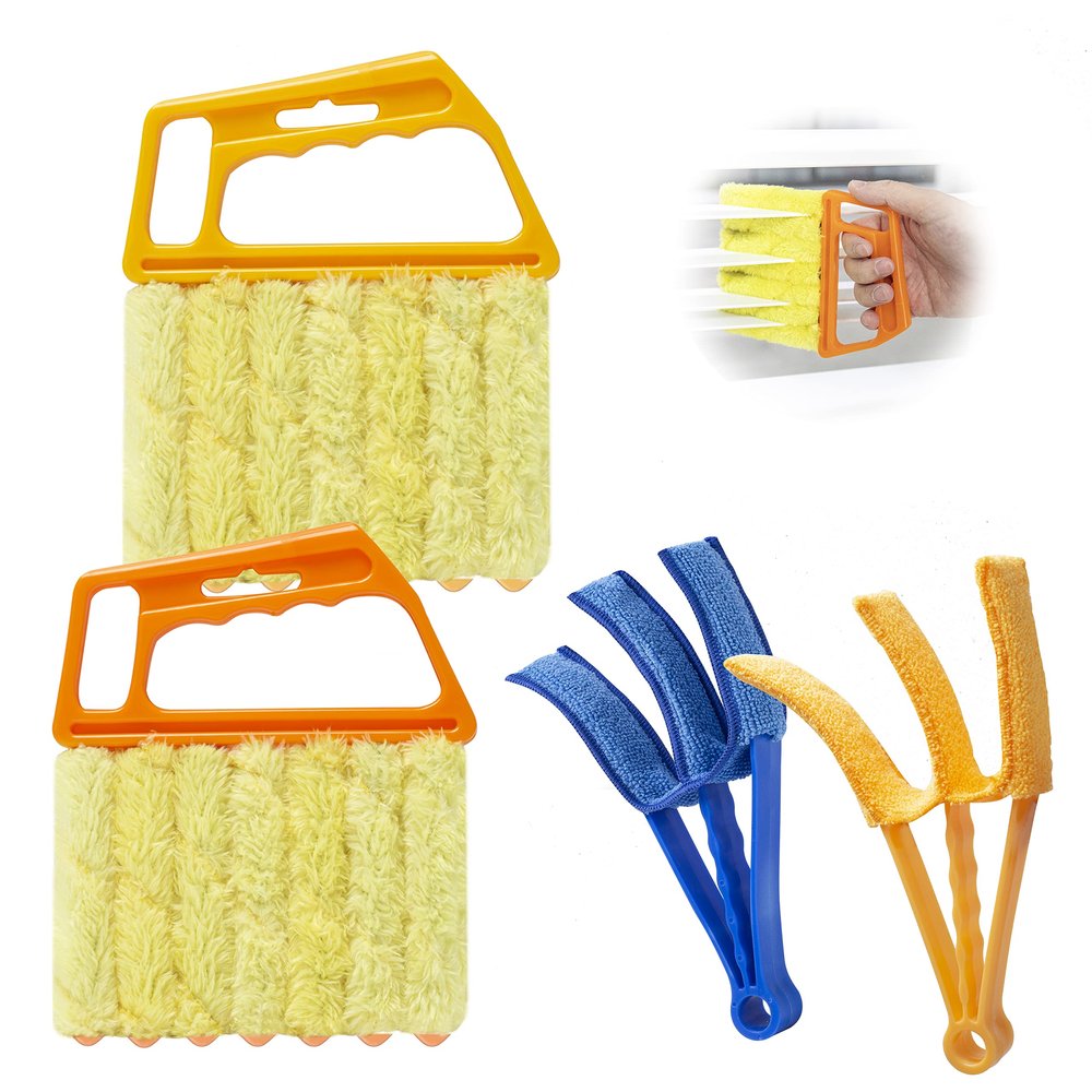 2Pcs Window Venetian 7 Finger Blind Cleaner Duster Tool and 2Pcs dust-Removing BrushesOrange,Yellow, Blue