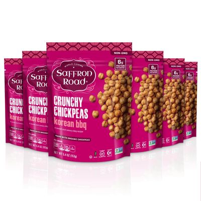 Saffron Road Roasted Korean BBQ Crunchy Chickpeas | High-Protein, Vegan, Gluten-Free, Non-GMO, Halal & Kosher Certified Snack | 5.4 oz Resealable Pouch | Pack of 6