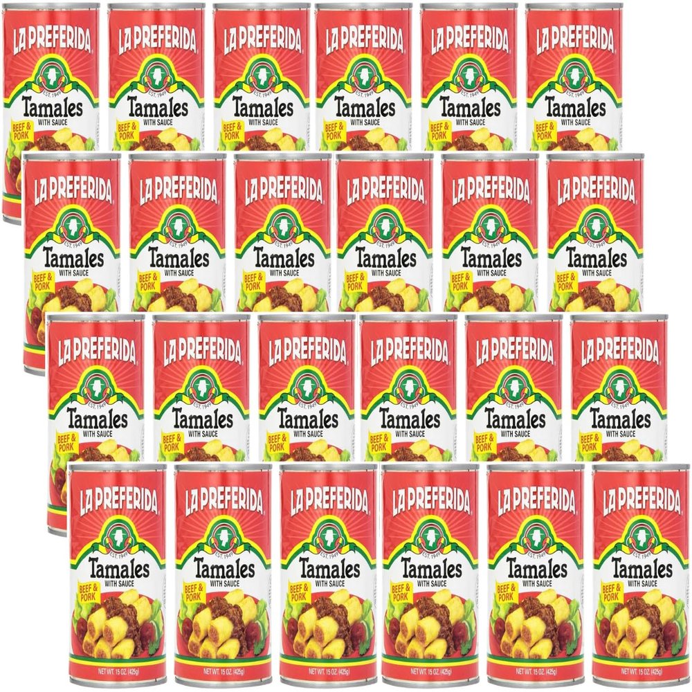 La Preferida Beef & Pork Tamales (Hearty Mexican Canned Tamales in Red Sauce) No Artificial Colors or Preservatives, Just Heat and Enjoy, 15oz (Pack of 24)