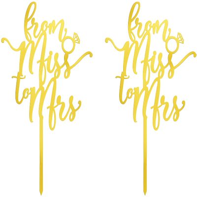 From Miss to Mrs - Love Themed Gold Cake Topper for Proposal, Wedding, Bridal Shower or Anniversary Cake (Pack of 2)