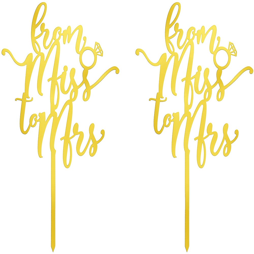 From Miss to Mrs - Love Themed Gold Cake Topper for Proposal, Wedding, Bridal Shower or Anniversary Cake (Pack of 2)