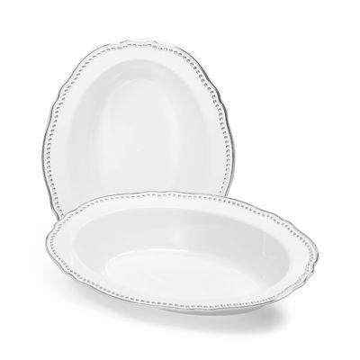 " OCCASIONS " 40 Plates Pack, Heavyweight Disposable Wedding Party Plastic Oval Bowls (7 oz Dessert Oval Bowls - Rochelle White and Silver)