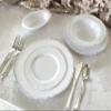 " OCCASIONS " 40 Plates Pack, Heavyweight Disposable Wedding Party Plastic Oval Bowls (7 oz Dessert Oval Bowls - Rochelle White and Silver) view 2