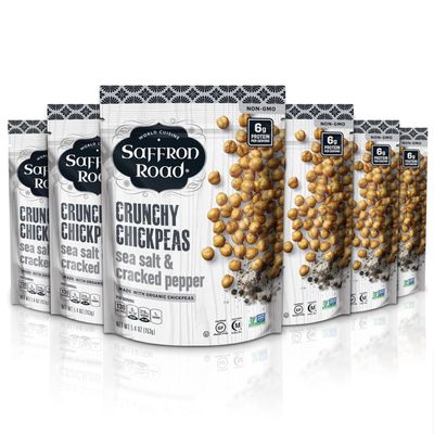 Saffron Road Roasted Sea Salt & Cracked Pepper Crunchy Chickpeas | High-Protein, Vegan, Gluten-Free, Non-GMO, Halal & Kosher Certified Snack | 5.4 oz Resealable Pouch | Pack of 6