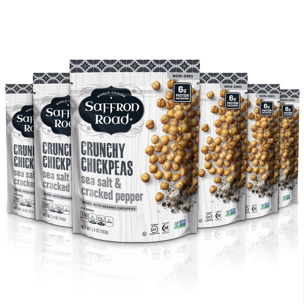 Saffron Road Roasted Sea Salt & Cracked Pepper Crunchy Chickpeas | High-Protein, Vegan, Gluten-Free, Non-GMO, Halal & Kosher Certified Snack | 5.4 oz Resealable Pouch | Pack of 6