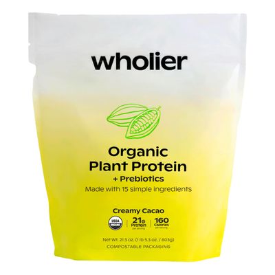 wholier Organic Plant Protein + Prebiotics. Clean Vegan Protein. 21g of Protein. 14 Real Plant Ingredients. Prebiotic Fiber. No Natural Flavors, Gums or Fillers. Creamy Cacao (1 lb. 4 oz.)