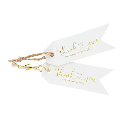 Joycraft 100pcs Thank You Tags - White Paper Hangtags with Gold Foil, Personalized Gift Tags for Baby Showers, Parties & Gift Wrapping (2.75"x1")