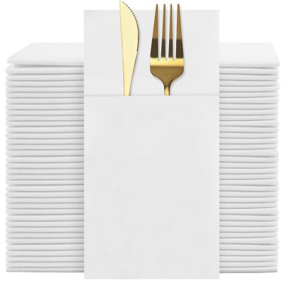 White Dinner Napkins Disposable - 100Pack Linen-Feel Paper Napkins with Built-in Flatware Pocket, Prefolded Cloth Like Paper Napkins Bulk For Dinner, Wedding, Party or Everyday Use