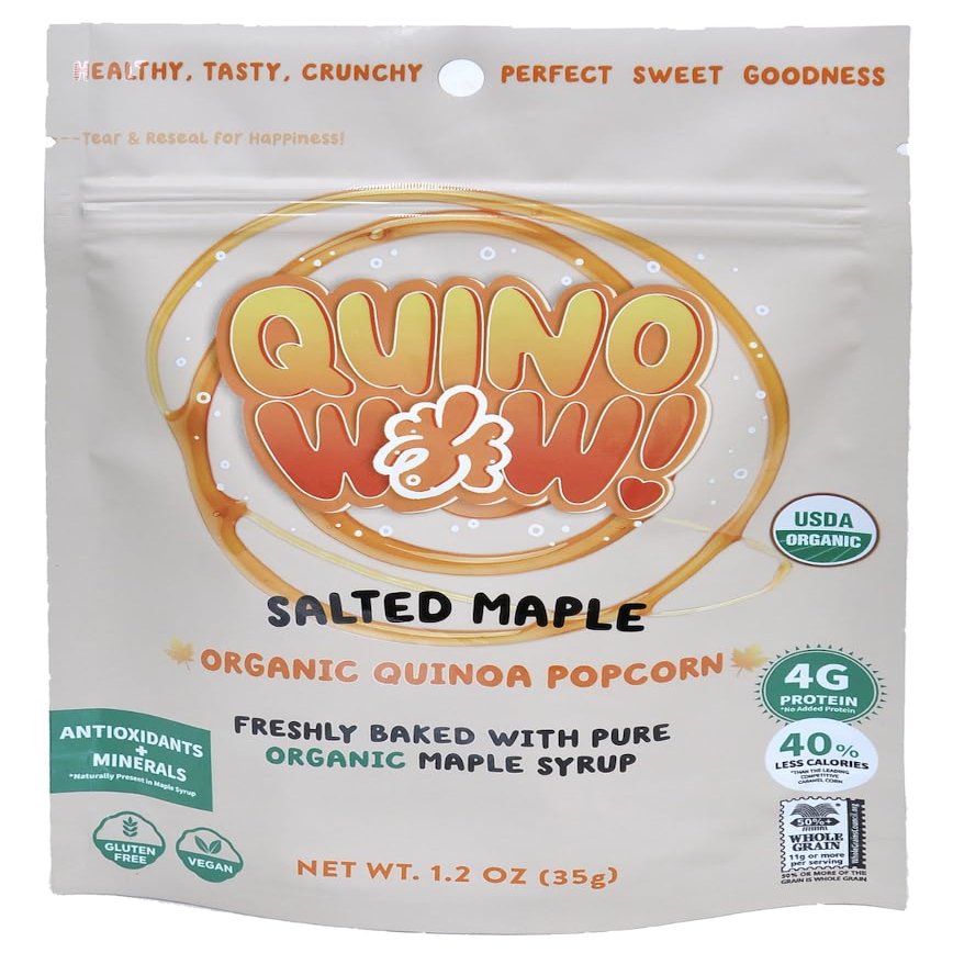QuinoWow!-Organic Maple Quinoa Popcorn | Oven-Baked | Gluten-Free | Air-Popped | Vegan | Kids Sweet Quinoa Snack Packs | QuinoWow! Organic Caramel Popcorn (Salted Maple, Pack of 6)