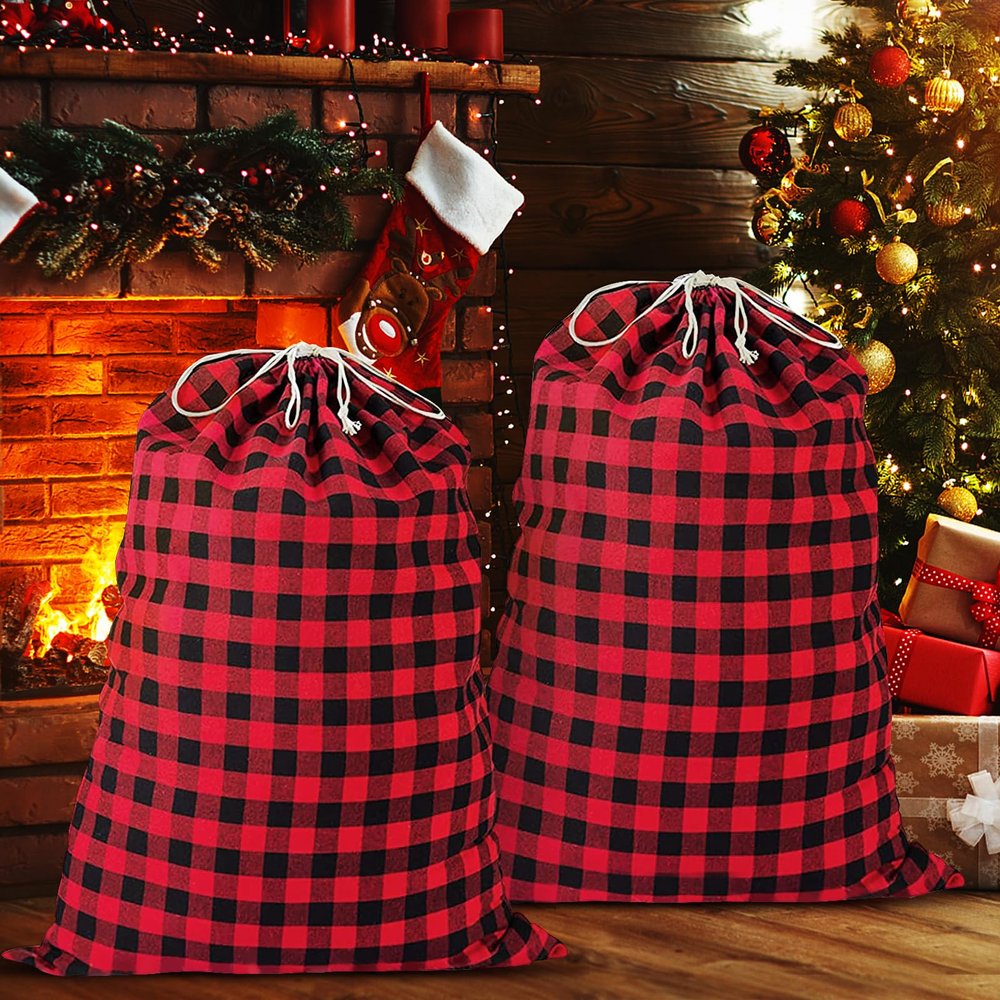 2PCS 35''x55'' Jumbo Christmas Drawstring Gift Bags, Santa Bags Extra Large, Buffalo Plaid Christmas Gift Bags Santa Sack with Drawstring,Heavy Xmas Bags for Xmas Holiday Gift Giving and Party Decor