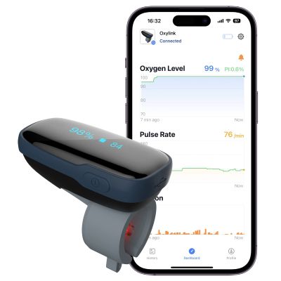Vibeat Oxylink Wearable Blood Oxygen Monitor - Bluetooth Oxygen Meter Finger Pulse Oximeter with Audio Reminder, Rechargeable O2 Meter for Continuous Tracking with Free App