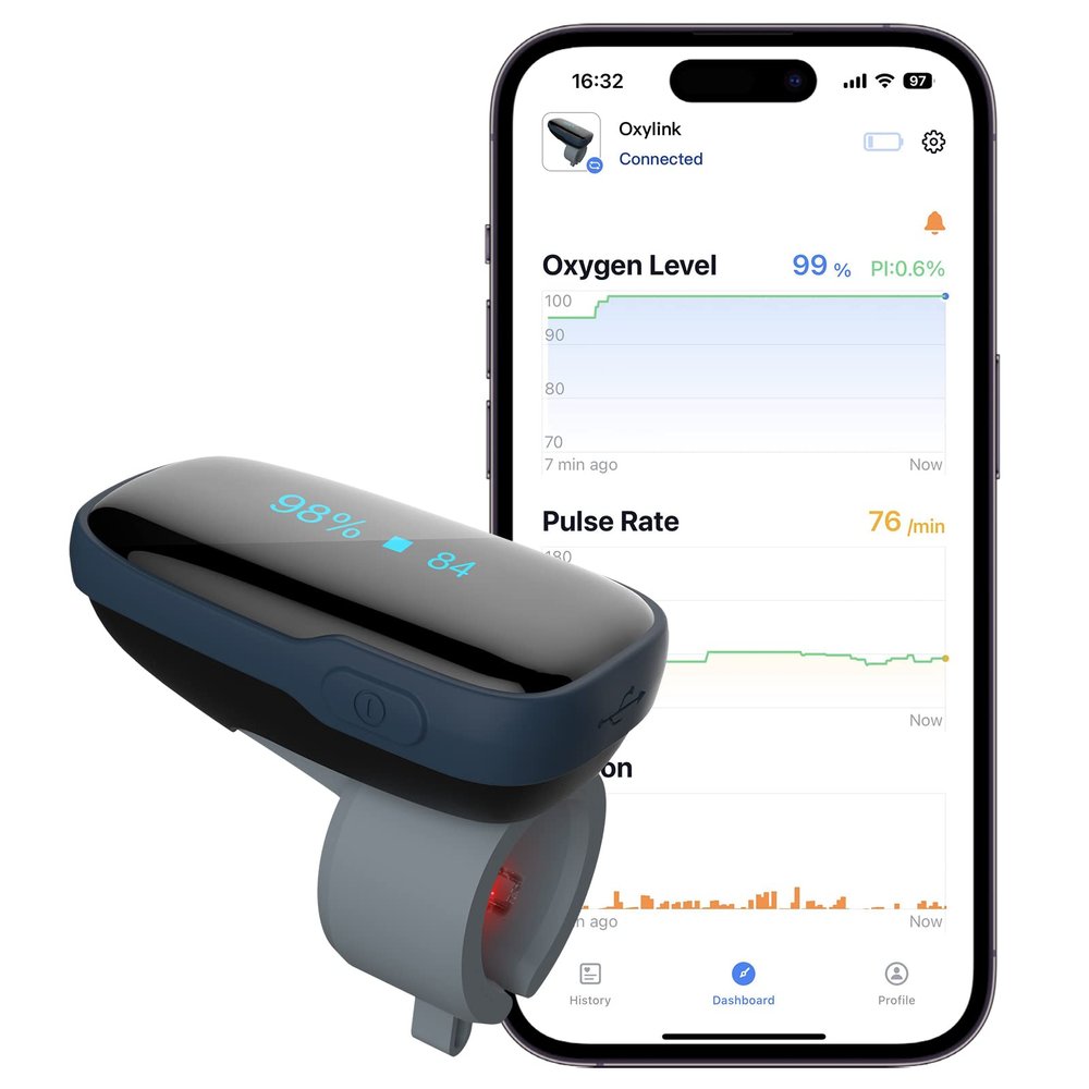 Vibeat Oxylink Wearable Blood Oxygen Monitor - Bluetooth Oxygen Meter Finger Pulse Oximeter with Audio Reminder, Rechargeable O2 Meter for Continuous Tracking with Free App